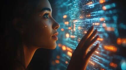 Young female touching futuristic digital interface with holographic elements