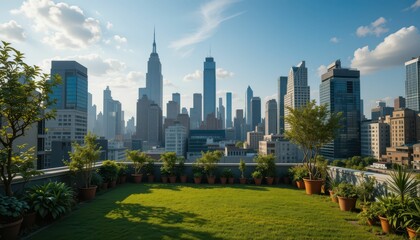 Obraz premium Stunning Rooftop Garden View of Manhattan Skyline with Greenery