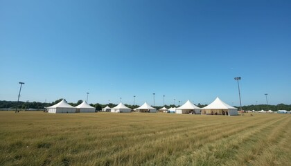Fototapeta premium Large White Tents Set Up on Open Field Under Clear Blue Sky