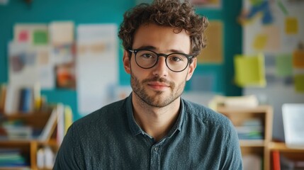 Obraz premium A youthful European male teacher wearing glasses engages with students in a classroom setting, embodying professionalism and a supportive atmosphere focused on learning.