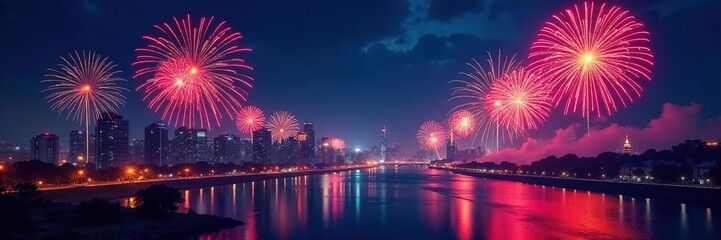 Night cityscape ablaze with colorful fireworks bursts, aerial, urban, architecture
