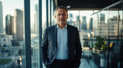 Fototapeta premium A confident middle-aged man in a smart suit stands in a modern office, with an urban background through large glass windows, exuding professionalism and success.