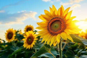 Obraz premium Sunflowers field sunset, golden hour, nature
