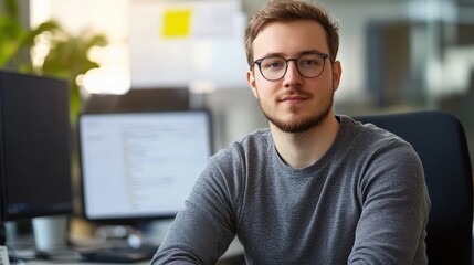 A young male software developer is seated casually in an office, showcasing a thoughtful expression. The modern workspace features computer monitors and plants, conveying a creative tech environment.
