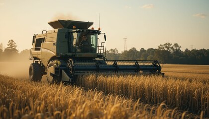 Fototapeta premium Modern Agricultural Machinery Harvesting Golden Wheat at Sunset