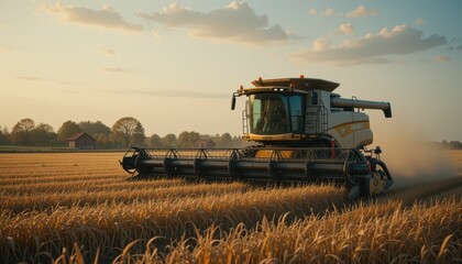 Fototapeta premium Vibrant Harvest Scene with Combine Harvester in Golden Field at Sunset