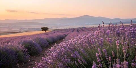 A peaceful lavender field bathed in the warm light of sunset, perfect for content about relaxation, nature, and serene landscapes