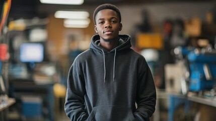 Naklejka premium A portrait of a young Black man in his early 20s, dressed casually in a hoodie, standing confidently in an indoor workshop setting, radiating positivity.