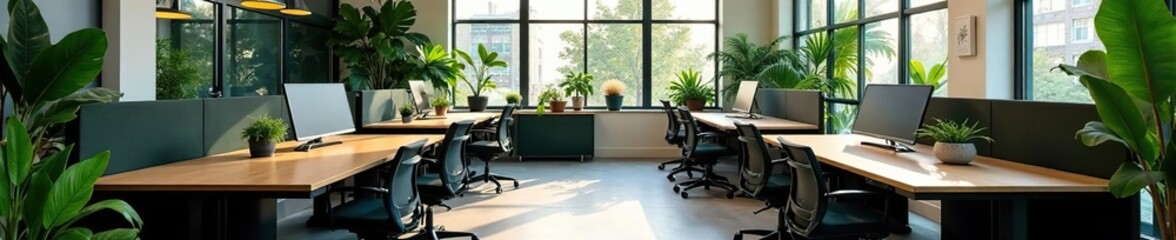 Sleek modular desks amidst lush indoor plants in a contemporary coworking space , flexible, desk, chair