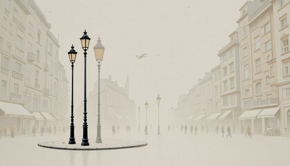 Obraz premium Serene Winter Street Scene with Vintage Street Lamps and Soft Fog