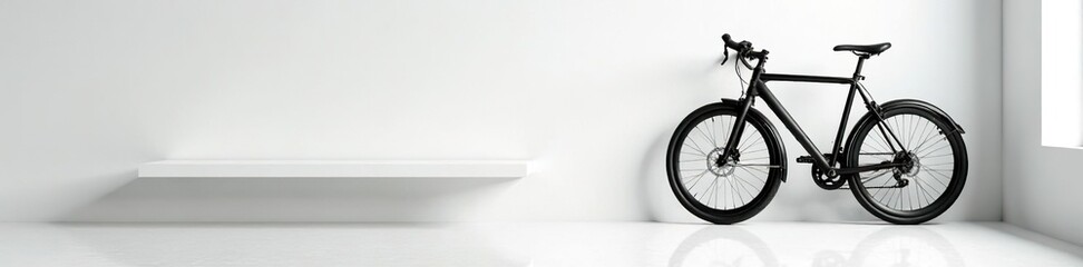 Fototapeta premium Black matte bicycle beside floating shelf, white walls, cycle, minimalist