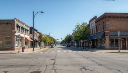 Fototapeta premium Tranquil Urban Street Scene in Small Town with Clear Skies and Trees