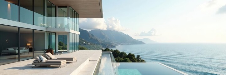 Glass-walled modern home, minimalist staircase, breathtaking ocean panorama , space, minimalism, bright