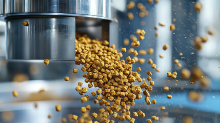Close up shot of pet food kibble being processed, showcasing texture and detail. image captures dynamic flow of kibble, emphasizing quality