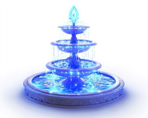 Glowing tiered fountain, water cascading, white background, serene scene, website design