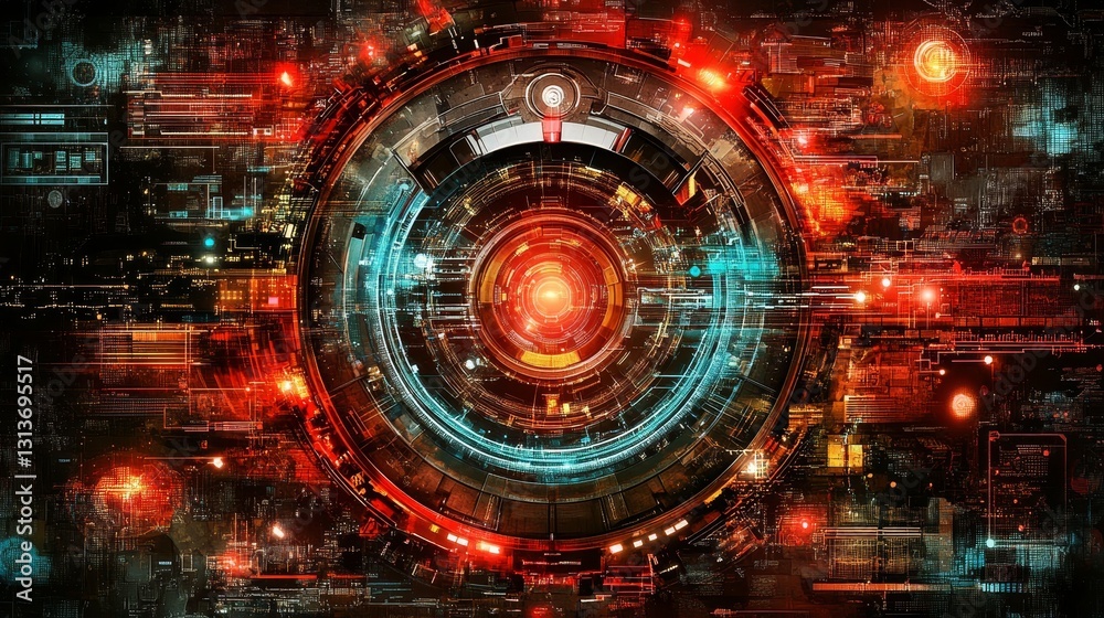 Poster futuristic glowing circuit board with central energy core technological innovation and data processi
