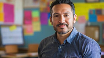 Fototapeta premium A portrait of a Hispanic male teacher in his 30s, standing confidently in a colorful classroom. He embodies dedication and passion for education, inspiring students.
