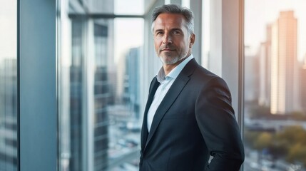 Fototapeta premium A confident middle-aged man stands in a business suit by large windows, showcasing a modern urban backdrop. His serious demeanor reflects professionalism.