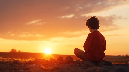 Boy Sitting Silently at Sunset Watching the Beautiful Golden Horizon Over the Tranquil Landscape