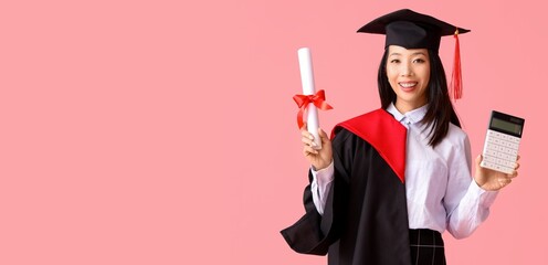 Happy Asian female graduate student with diploma and calculator on pink background with space for...