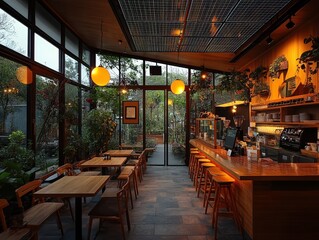Cozy cafe interior with plants and warm lighting.