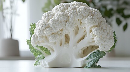  Firm white cauliflower head with tightly packed florets and sliced section revealing dense branching curds on white surface