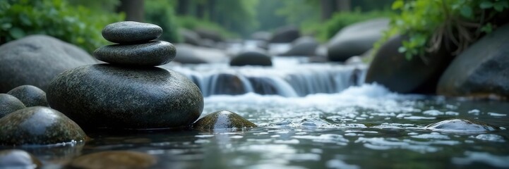 Fototapeta premium Serene grey river stones, flowing water zen pattern, therapy, natural