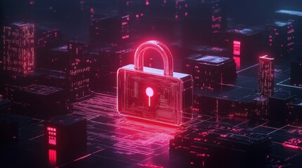 A D-rendered digital padlock surrounded by cyber shields and advanced encryption codes.