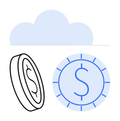 Two coin representations, one outlined and one filled, beneath a cloud evoke modern cloud-based finance. Ideal for savings, investments, fintech, economy, digital transactions, banking flat simple