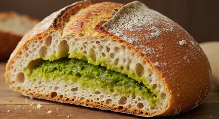 Artisan Bread Loaf with Savory Green Filling on a Wooden Surface