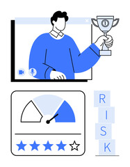 Man in video chat holding trophy for achievement, performance dial chart, and 5-star rating analysis with RISK blocks. Ideal for success, performance, teamwork, rewards, productivity, business
