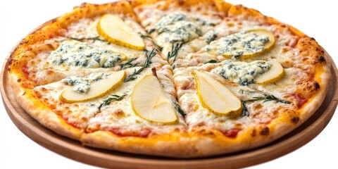Delicious blue cheese pizza with slices of zucchini and fresh basil on a rustic wooden table.