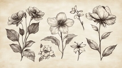 Hand-drawn vintage flower set with intricate line work, soft sepia tones, and aged textures.