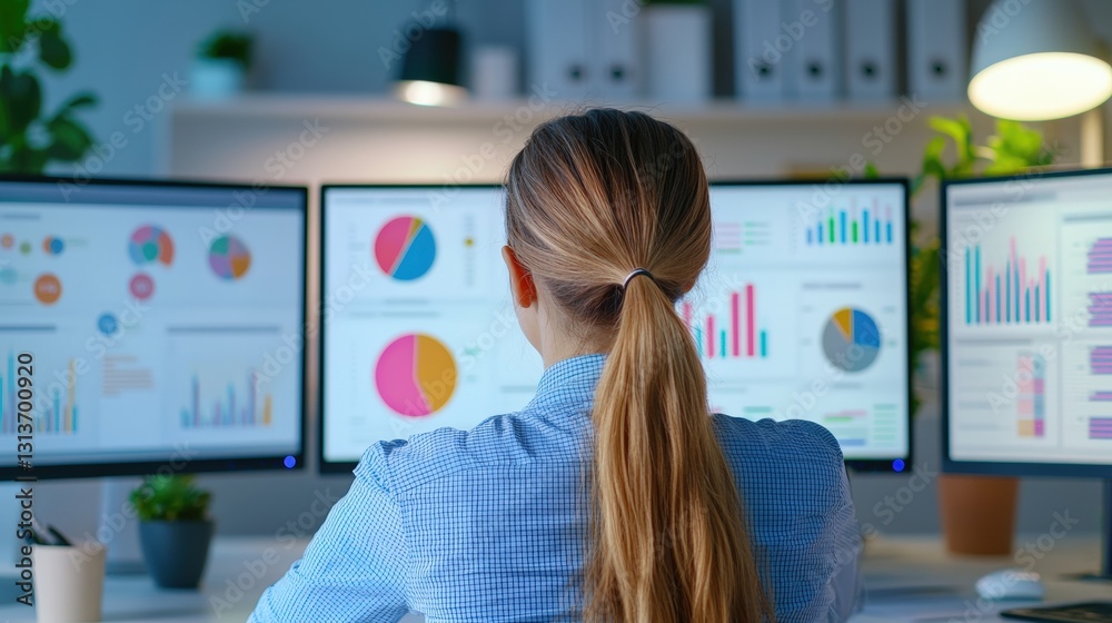 Poster a woman analyzes data on multiple monitors, displaying colorful graphs and charts in a modern worksp