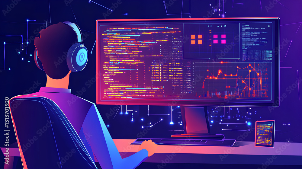 Poster it specialist administrator working on computer, screen showing big data ai analysis and code. web s