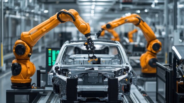 A factory assembly line with robotic arms assembling cars
