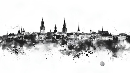 Naklejka premium Lublin Poland Skyline BW, cityscape landscape watercolor painting print abstract splash illustration art modern urban poster artwork landmarks skyscrapers 