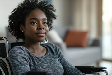 A young black woman in a gray shirt and grey sweatpants smiles in her wheelchair at home.