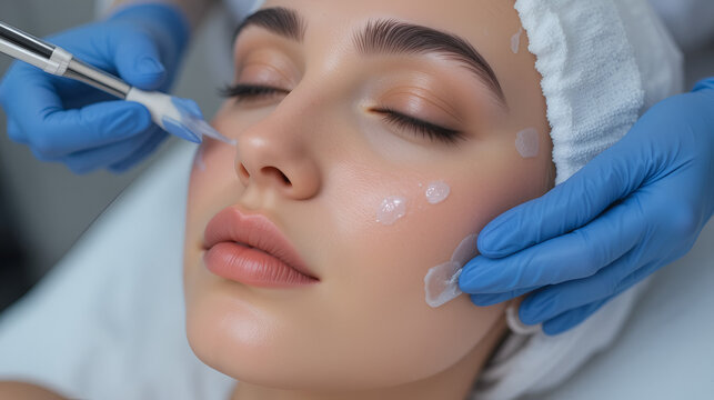 Close up of female face with soft skin. Woman at cosmetology clinic taking a beauty procedure for skin clining