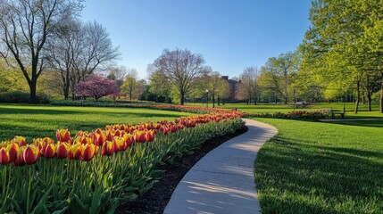 Obraz premium spring tulips and walkway on a sunny day