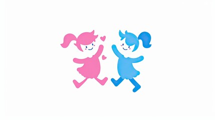 Fototapeta premium Simple logo design of two cute cartoon children playing, with a pink and blue color scheme on a white background