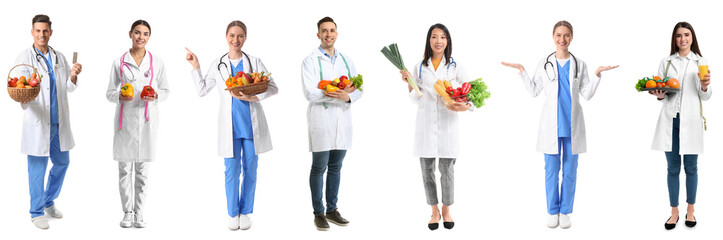 Set of many nutritionists on white background