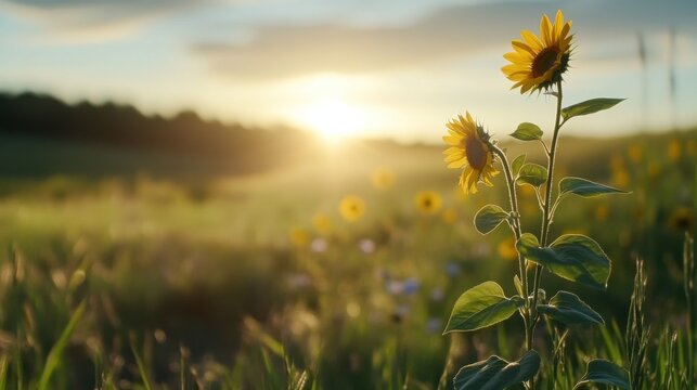 A field of sunflowers swaying in the wind, stretching to the horizon