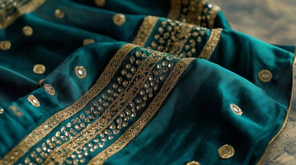 A richly embroidered teal green saree border adorned with intricate gold Zardozi and mirror embellishments, reflecting heritage artistry and refined elegance.