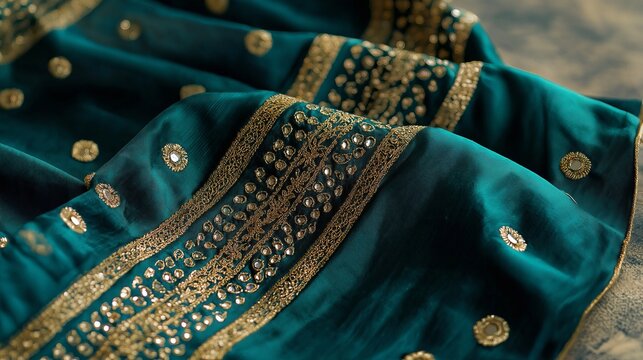 A richly embroidered teal green saree border adorned with intricate gold Zardozi and mirror embellishments, reflecting heritage artistry and refined elegance.