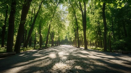 Obraz premium sunlit pathway through lush green trees