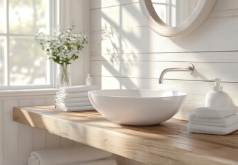 Fototapeta premium Serene Modern Bathroom with Round White Sink, Wooden Shelf, Fresh Flowers, Natural Light, Minimalist Decor, Cozy Atmosphere, Tranquil Space