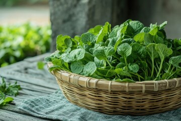 A variety of fresh herbs in a basket. A healthy, organic product option.