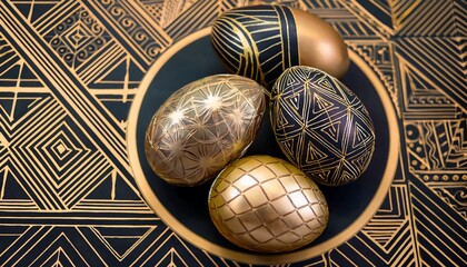 Art Deco Easter design. Richly decorated eggs on geometric background in vibrant colors. Elegant holiday artwork.

