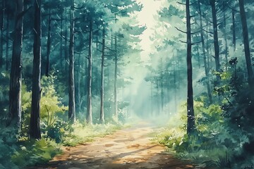 Fototapeta premium Explore Tranquil Forest Pathway with Soft Lighting and Lush Greenery